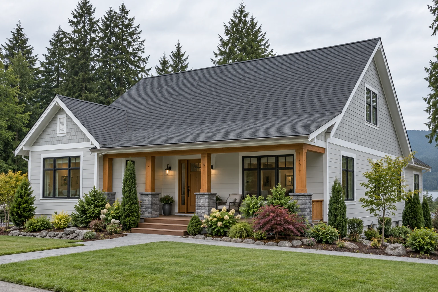 Illustrative Northwest craftsman home with a charcoal shingle roof